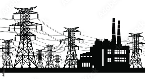 industrial landscape with power transmission towers and factory silhouette high quality professional detailed modern elegant stylish