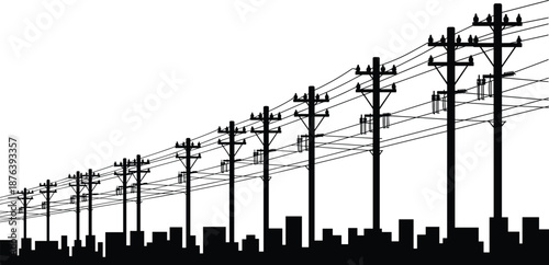 Electric, power, line, silhouette, over, urban, city, skyline, utility, poles, transmission, network, energy, infrastructure, electricity, grid, industrial, black, white, illustration