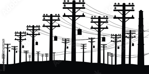Electric, power, line, silhouette, utility, poles, electricity, transmission, network, energy, infrastructure, industrial, grid, overhead, wires, distribution, black, white, illustration, background