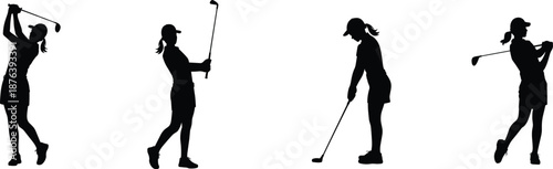 Female golfer silhouette set, women playing golf poses, sports activity motion, golfing swing action, outdoor recreation, athletic lifestyle, black white illustration