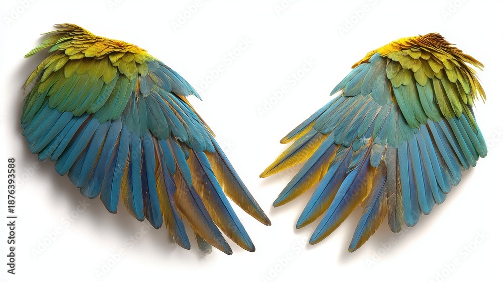 Fototapeta premium Symmetrical parrot wing pair on white background, studio macro photo