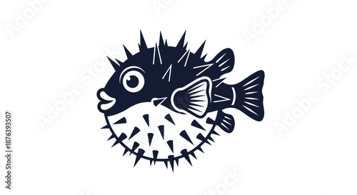 A playful dark blue pufferfish illustration with sharp spikes, depicted in an inflated state on a clean white background.