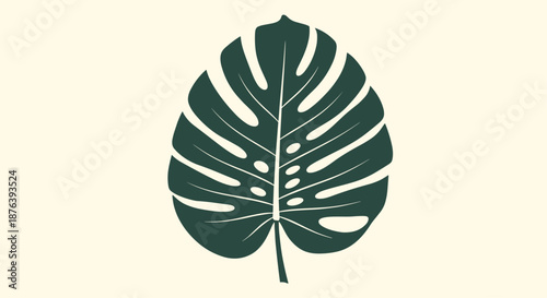 Simple dark green Monstera deliciosa leaf illustration with a minimalist style on a light cream background, representing tropical nature.