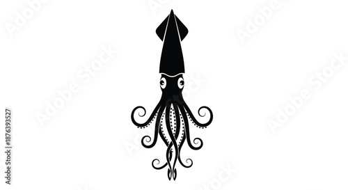 A graphic black silhouette illustration of a squid, featuring its prominent mantle, fins, eyes, and eight curled tentacles, isolated on a white background.