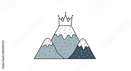 A hand-drawn illustration of a mountain range with three peaks, the tallest crowned, symbolizing royalty, success, or leadership in nature.