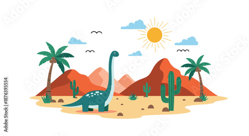 A friendly long-necked dinosaur stands in a vibrant desert landscape with red mountains, cacti, and palm trees under a bright sunny sky.