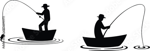 Fishing boat silhouette set with fisherman casting line outdoor leisure sport activity lake river black and white vector illustration