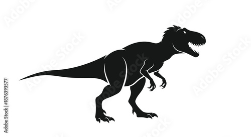 Striking black silhouette of a fierce prehistoric dinosaur, likely a Tyrannosaurus Rex, poised in a classic, dynamic, and menacing stance.