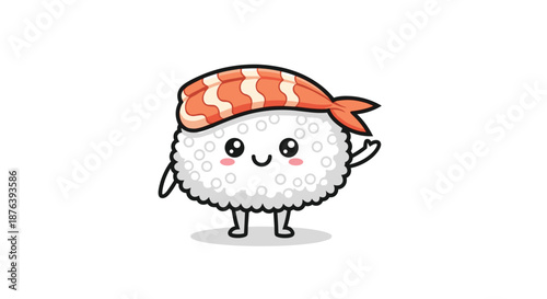A delightful and friendly cartoon sushi character, adorned with a piece of shrimp, smiles sweetly and waves hello, radiating warmth.
