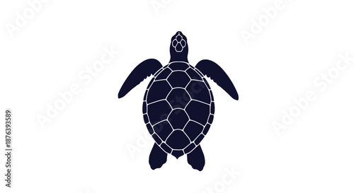 Minimalist top-down illustration of a majestic sea turtle with detailed shell patterns, rendered in dark blue on a clean white background.
