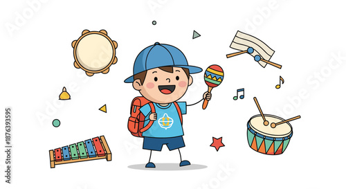 Happy young boy with a maraca surrounded by various musical instruments and playful shapes, celebrating music and childhood.