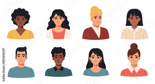 Collection of diverse men and women with sad and worried expressions, depicting various unhappy emotions.