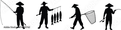 Fishing silhouette collection, fishermen with rod, net and catch, traditional angling activity, outdoor lifestyle, coastal culture, sport, work