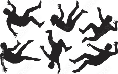 Falling human silhouette icon set vector illustration with dynamic tumbling poses for motion, gravity, and artistic movement themes