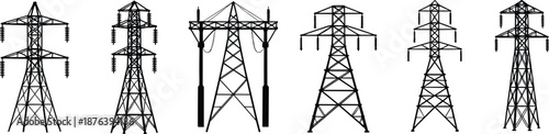 High voltage electricity transmission towers silhouettes collection, power line infrastructure designs isolated on white background industrial energy grid concept