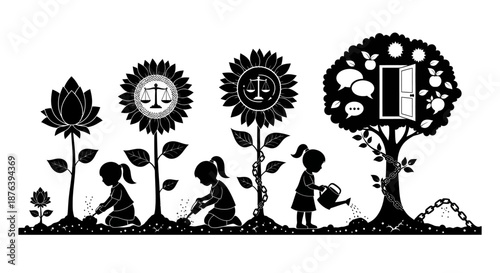 Children Planting Trees with Clock Faces.