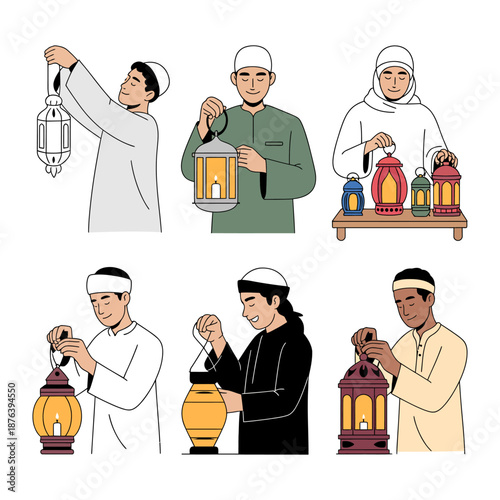 Muslims with Lanterns: People holding and arranging a variety of lanterns, possibly for a religious celebration, illustrating cultural tradition.