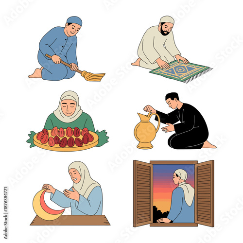 Daily life of Muslims: The image captures various aspects of daily life, depicting individuals engaged in acts of cleaning, prayer, preparing dates, ablution, looking at the moon.