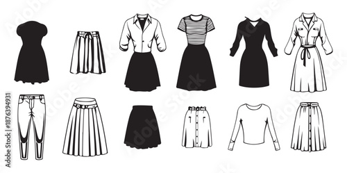 women clothing set sketch hand drawn in doodle style