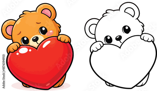 A coloring book vector illustration of a cute cartoon teddy bear clutching a large red heart with a black and white outline