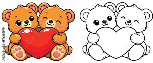 Two cute cartoon teddy bears hugging a big red heart with black and white outline version for coloring book vector illustration