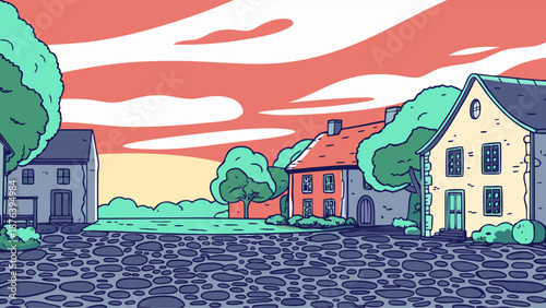 Medieval Market Scene with Knight, Banners, Lanterns