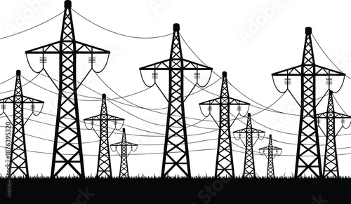 High voltage power transmission towers silhouette, electricity pylons and overhead lines, energy grid infrastructure, industrial technology landscape, black white illustration