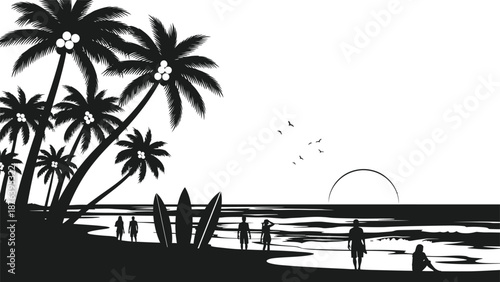 a serene beach scene at sunset with palm trees and people silhouette high quality professional detailed