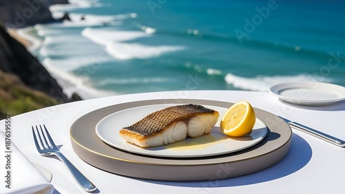 Pan-Seared White Fish Fillet with Crispy Skin and Lemon on a Luxury Terrace Overlooking the Ocean