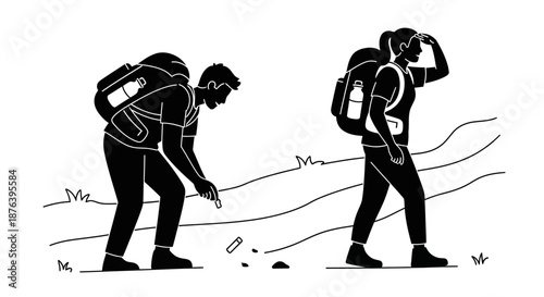 Two Hikers with Backpacks Walking Outdoors.