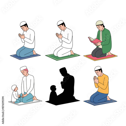 Praying Muslim Man in various scenes: Set of illustrations features a Muslim man in various scenes of prayer. A glimpse into the serenity and devotion of faith. 