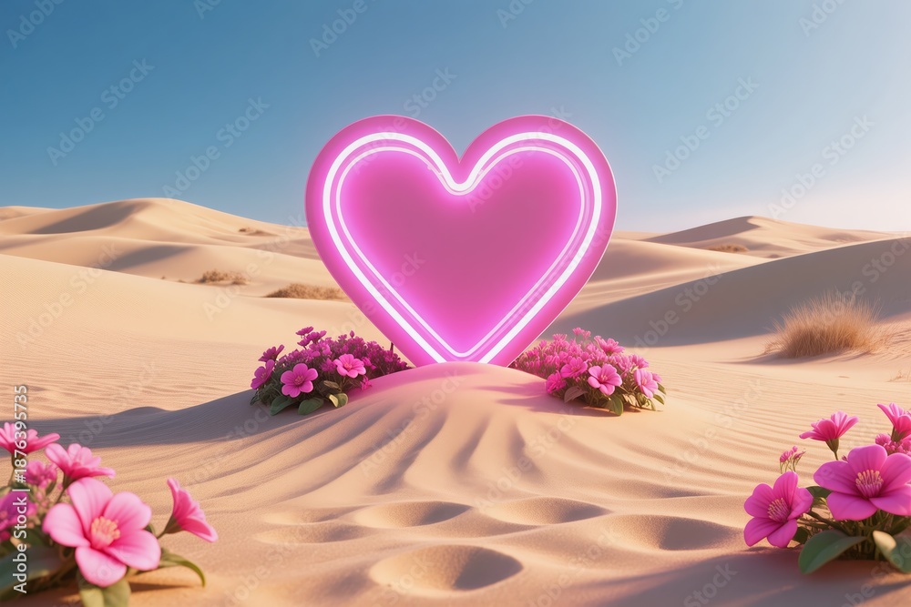 Fototapeta premium A stunningly vibrant pink heart neon sign beautifully surrounded by colorful flowers within a serene desert landscape