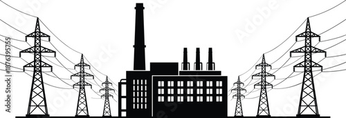 Industrial power plant silhouette, factory building with transmission towers, high voltage electricity lines, energy infrastructure, black vector illustration
