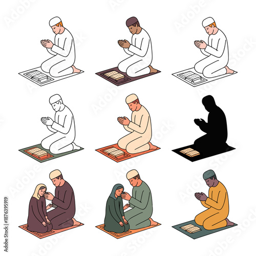 Sacred Moment:  A collection of illustrations that capture the essence of prayer, showcasing individuals in various poses and ethnicities, immersed in the act of devotion.