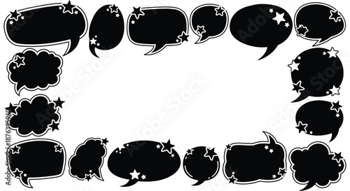 a collection of various black speech bubbles with white outlines and starburst details silhouette high quality