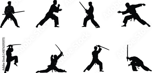 Martial arts warrior silhouette set, sword fighting poses, karate and samurai action stances, combat training, black vector illustration
