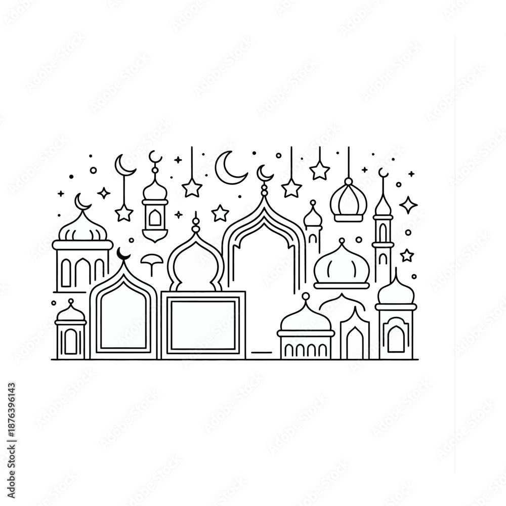 Fototapeta premium Islamic Architecture Silhouette: Capturing the essence of Islamic architecture, a detailed line drawing showcases the beauty of mosques, minarets, and iconic crescent moons, stars, and lanterns.