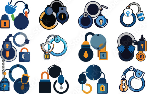 Police Handcuff and Lock Icon on White Background vector illustration