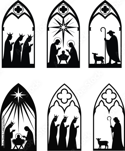 Nativity scene silhouette set with holy family wise men shepherd stained glass window style Christmas vector illustration