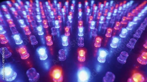 Macro of an RGB LED light panel with diodes flashing red, green, and blue. Concept of digital display technology, data transmission, and vibrant abstract backgrounds.