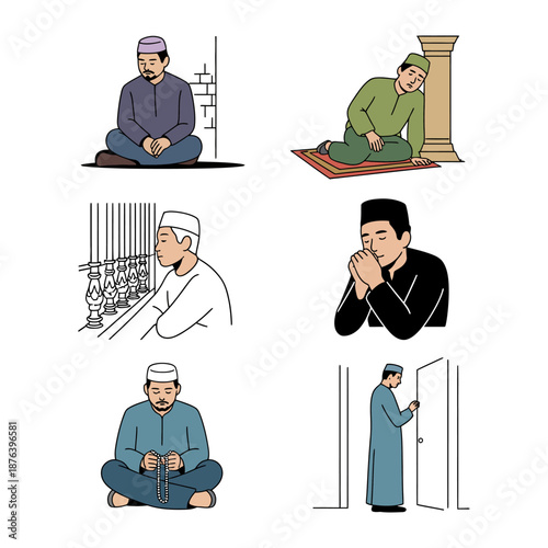 Illustrations of Islamic Worship: A set of detailed illustrations depicting diverse moments of Islamic worship, offering a glimpse into the serene rituals and acts of devotion.