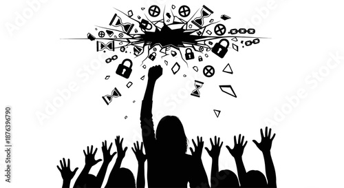 Silhouette of people celebrating with icons bursting.