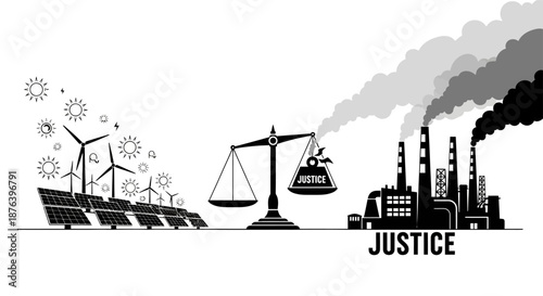 Environmental Justice Scale Illustration with Industrial Pollution.