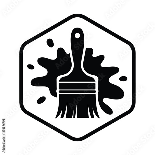 Bild auf Leinwand Black and white illustration of paintbrush with paint splatters in hexagon shape