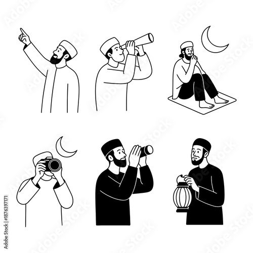 Islamic Observer's Exploration: Depiction of Islamic figures in diverse activities related to the moon sighting ritual, using telescope, capturing moments, and making religious practice. 