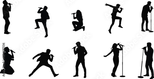 Singer performance silhouette set, male and female vocalists with microphone, concert poses, music entertainment, black vector illustration