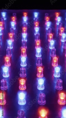 A close-up of an electronic panel with flashing red, blue, and green RGB LEDs. Concept of digital technology, data transmission, modern electronics, and abstract light patterns.