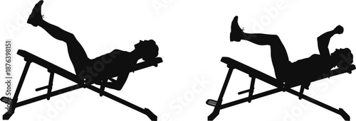 Woman exercising on workout bench silhouette set with fitness training gym strength exercise black and white vector illustration