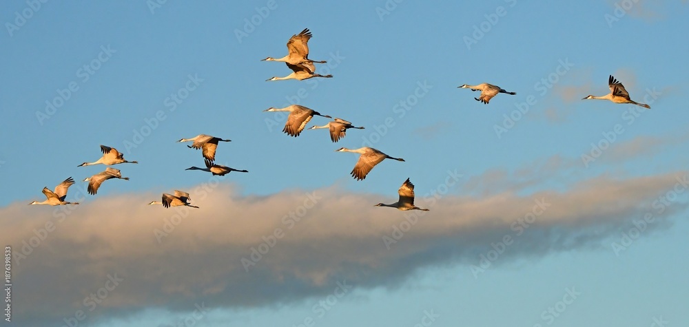 Obraz premium flock of majestic sandhill cranes in flight over their winter habitat of bernardo state wildlife refuge, near socorro, new mexico