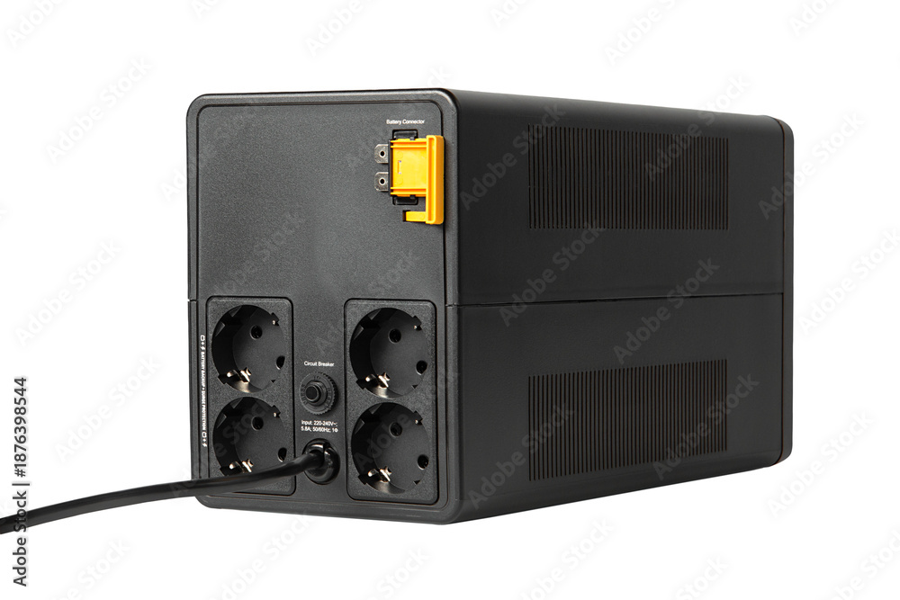 Obraz premium Uninterruptible power supply. Rear panel of the uninterruptible power supply (UPS) with Schuko sockets.